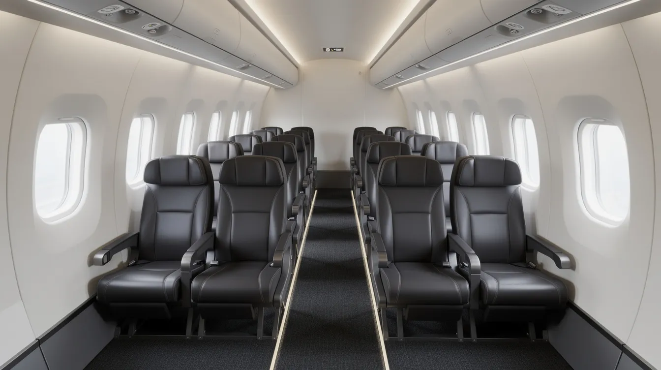 The image shows the interior of a modern narrow aircraft cabin featuring rows of leather seats in a two-by-two configuration, typical of an Embraer 175 jet. The main cabin is designed for comfort, with middle seats and power outlets available for passengers during their flight.
