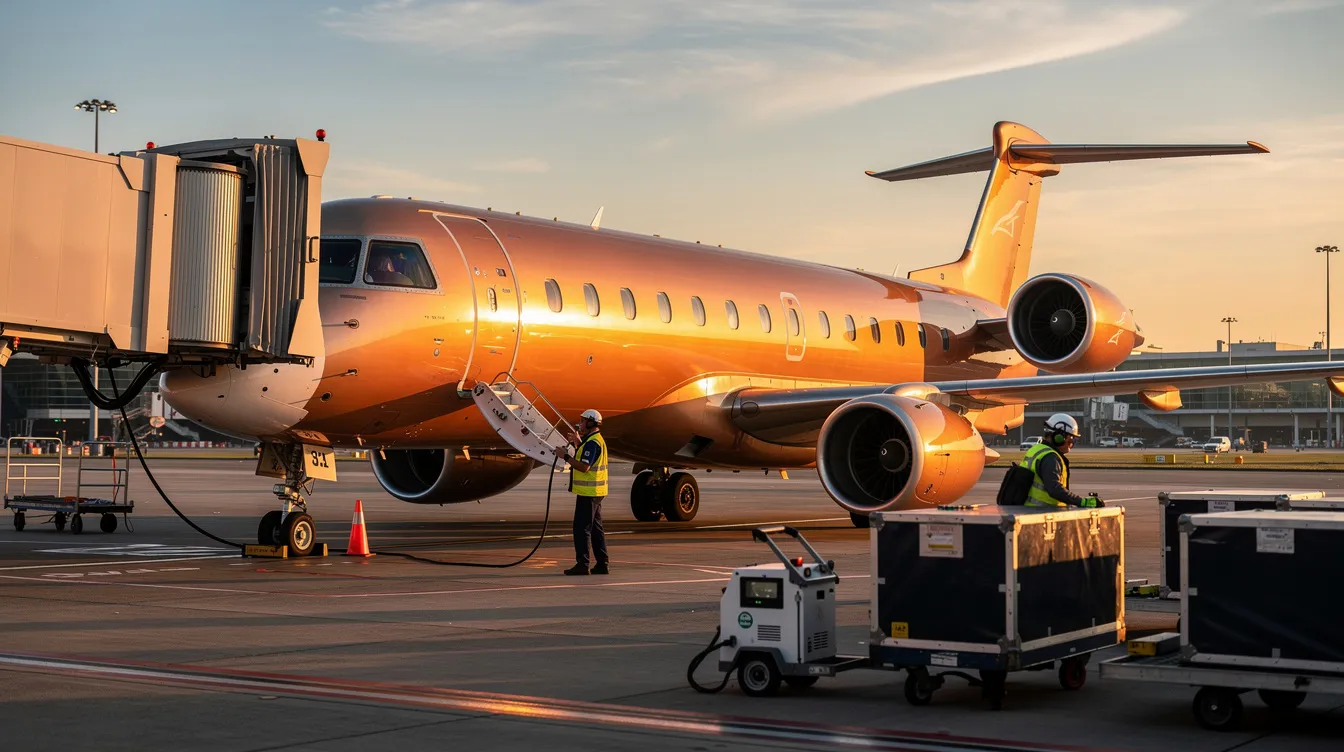 A modern Embraer 175 regional jet is parked at an airport gate during golden hour, casting a warm glow on its sleek design, while ground crew members are seen nearby preparing for boarding. The scene captures the essence of domestic travel, highlighting the aircraft's features and the bustling atmosphere of the airport.