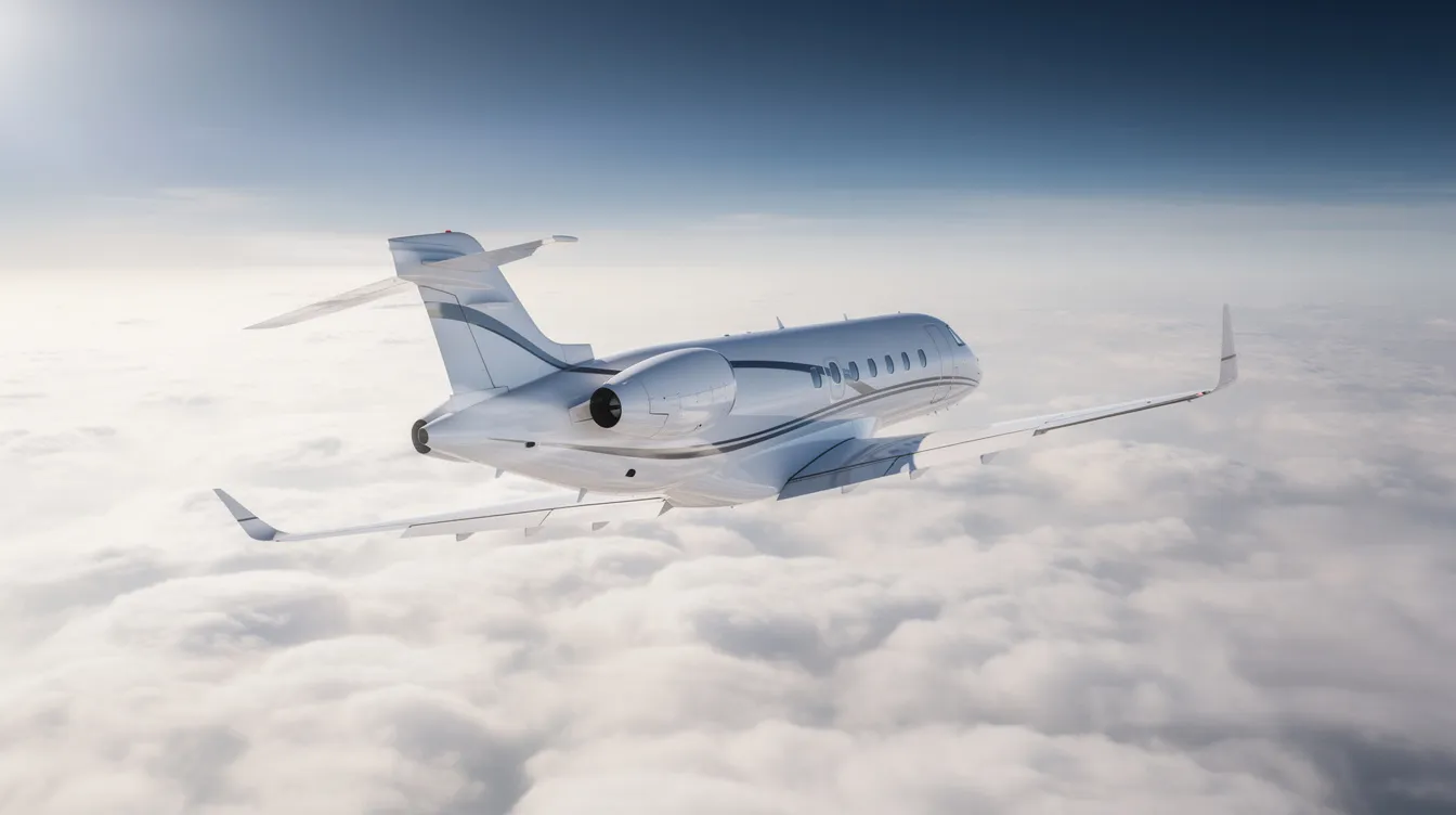 A modern light jet soars above a fluffy cloud layer, set against a vibrant blue sky that stretches to the horizon, showcasing the elegance of private aviation. This image captures the essence of affordable private jets, highlighting their sleek design and efficiency in the light jet category.