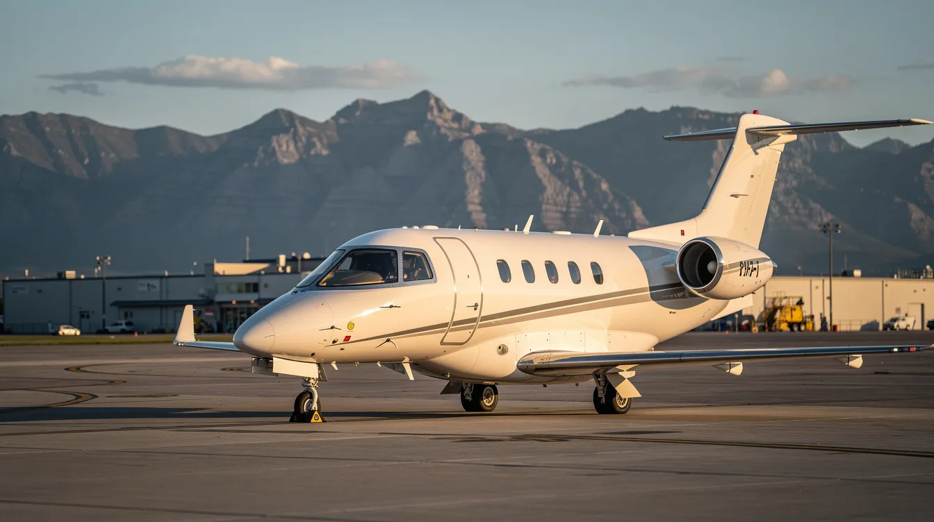 A sleek very light jet, representing one of the most affordable private jets, is parked on a sunlit regional airport tarmac, with majestic mountains in the background, showcasing the beauty of private aviation. This efficient aircraft highlights the appeal of private jet travel for those seeking economical private jets for short regional flights.