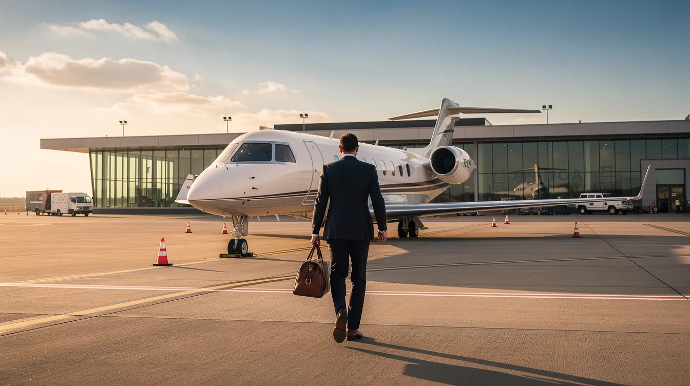 A private jet traveler walks confidently toward a sleek aircraft on the tarmac at a private terminal, embodying the luxury and convenience of private aviation. This scene highlights the appeal of affordable private jets, making private jet travel accessible for those seeking an efficient and comfortable flying experience.