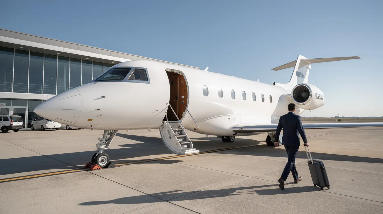 A sleek private jet is parked on a tarmac at a private terminal, with a passenger walking towards the aircraft stairs on a clear day, highlighting the convenience and luxury of private aviation compared to commercial flights. This scene captures the essence of flying private, offering time savings and a more personalized travel experience.