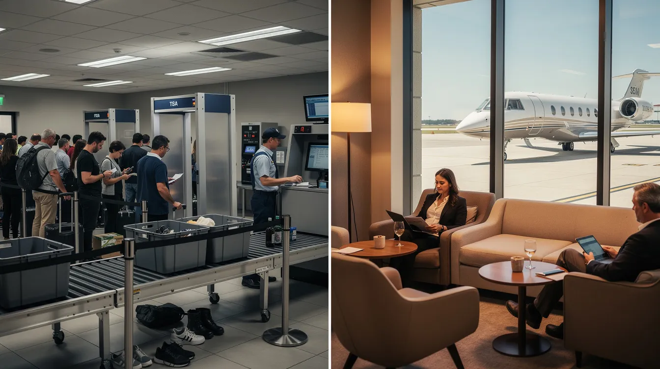 The image depicts a split scene contrasting a chaotic commercial airport security line filled with travelers on one side, and a serene private aviation lounge with large windows showcasing a small jet on the other. This visual highlights the benefits of flying private, emphasizing the comfort and convenience of private jet travel compared to the hustle of commercial airlines.