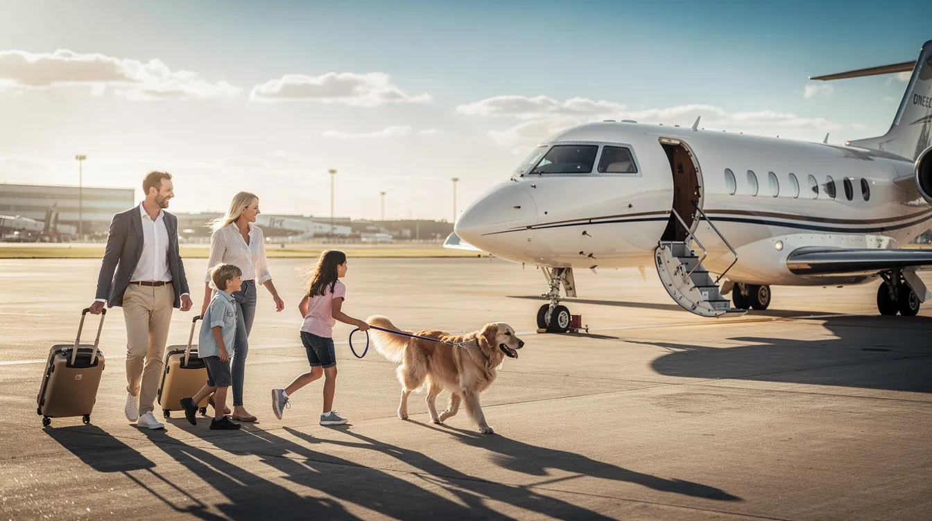 A family with a dog is walking across a sunlit tarmac towards a waiting private aircraft, which has its door open and stairs extended, highlighting the convenience and luxury of private jet travel compared to commercial airlines. This scene captures the essence of private aviation, offering a glimpse into the experience of flying privately with family.