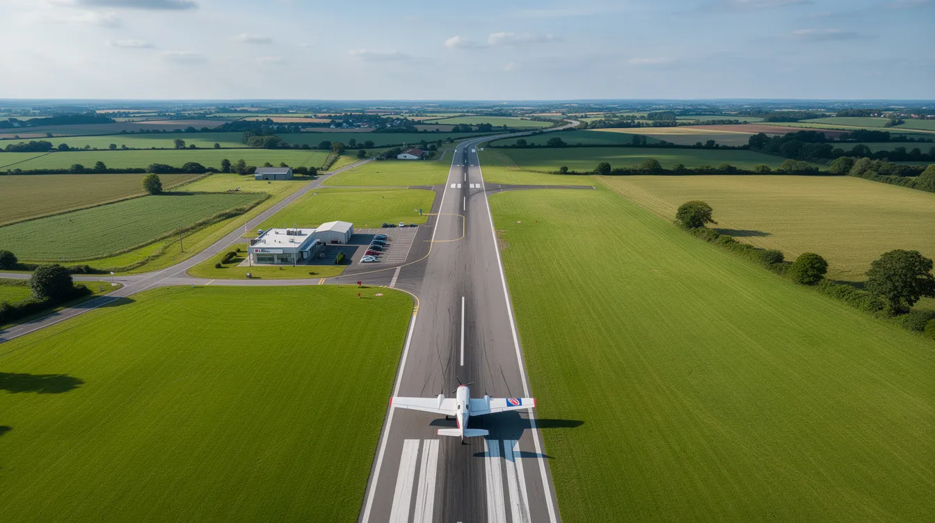 An aerial view captures a small regional airport nestled in lush green countryside, featuring a light aircraft positioned on the runway. This scene highlights the appeal of private aviation, showcasing the convenience of flying private compared to commercial airlines, especially for short trips or business purposes.