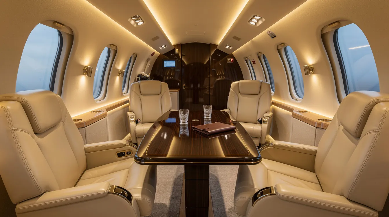 The image shows the interior of a midsize private jet cabin, featuring cream leather seats arranged around a polished wooden table, all illuminated by soft lighting. This luxurious setting highlights the comfort and elegance of private aviation, offering a stark contrast to the crowded experience of commercial flights.