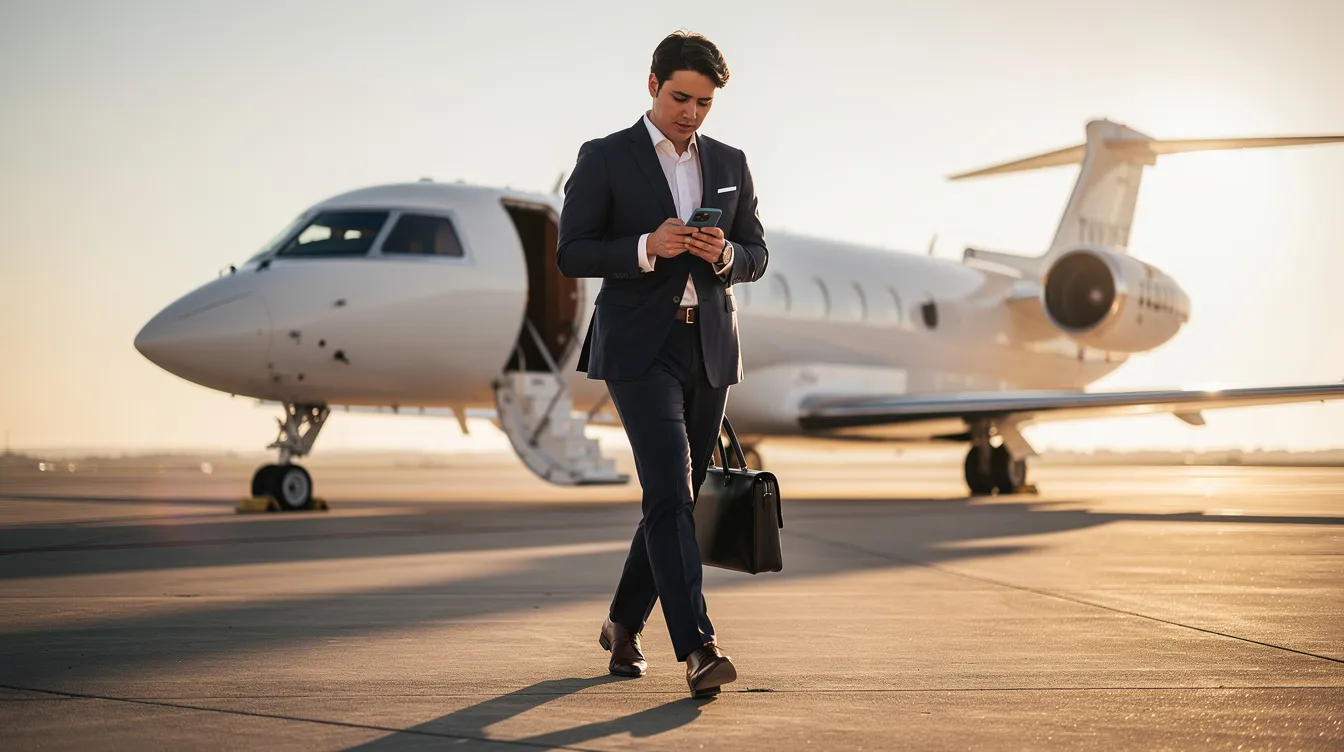 A business traveler dressed in formal attire is seen walking towards a private jet on a sunlit tarmac while using a smartphone. This scene highlights the convenience and luxury of private jet travel, showcasing the appeal of chartering a private aircraft for efficient and flexible travel plans.