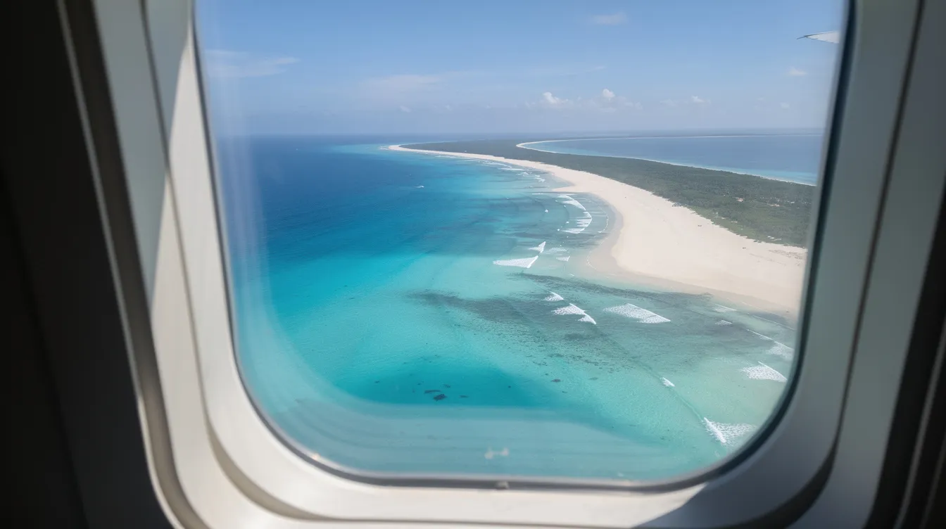 An aerial view from an aircraft window showcases a stunning coastline with vibrant turquoise waters and pristine white sand beaches. This scene highlights the beauty of private jet travel, offering travelers a unique perspective on their journey.