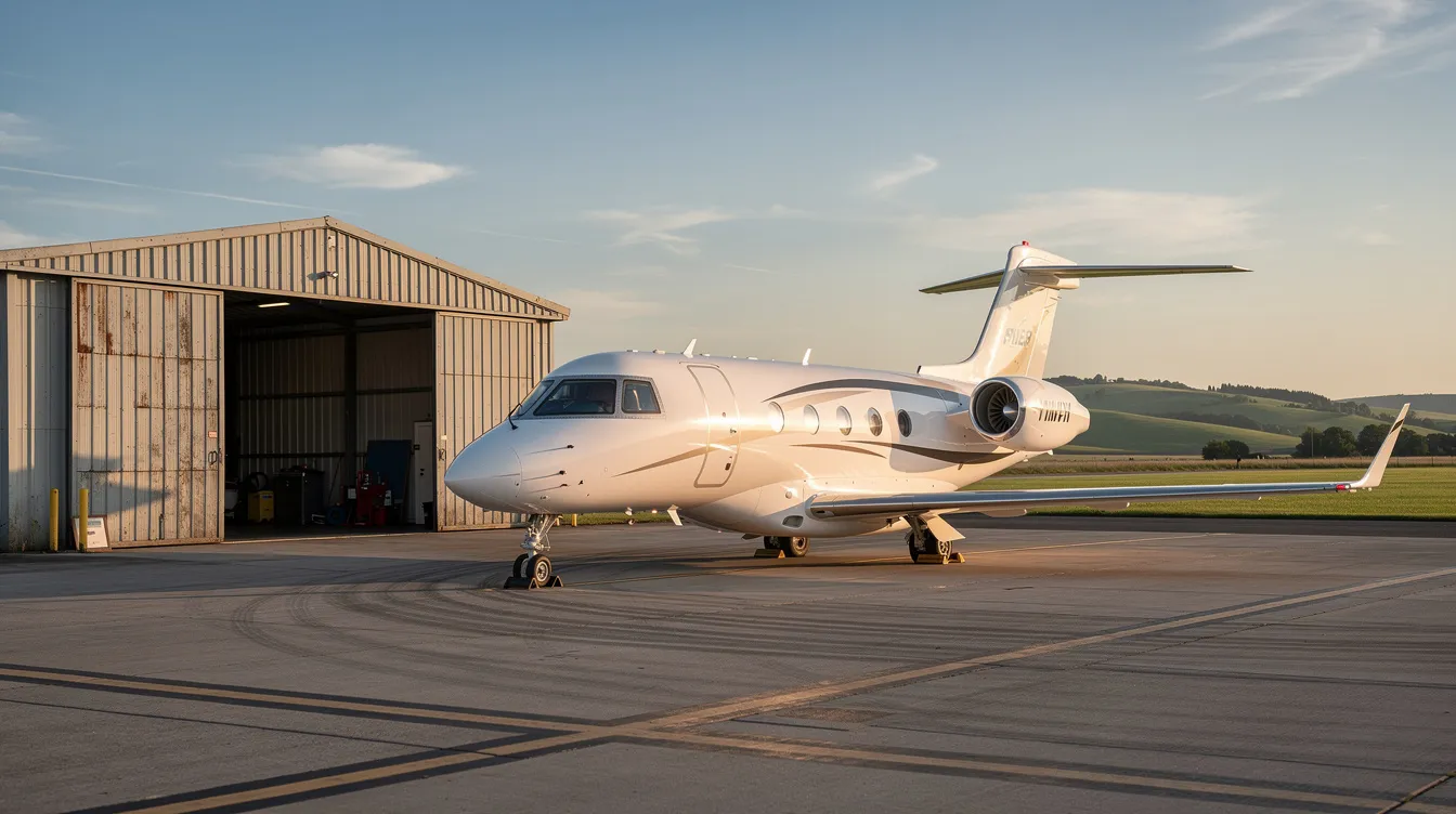A sleek private jet is parked outside a small hangar at a regional airport, with lush green hills providing a scenic backdrop. This image captures the essence of private aviation, showcasing the convenience and luxury of private jet travel.