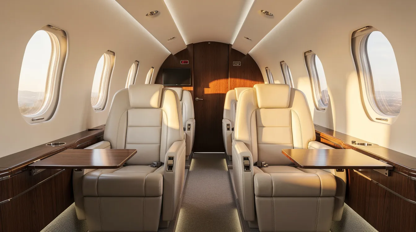 The image depicts the interior of a light private jet cabin, featuring cream leather seats and elegant wood grain accents, with sunlight streaming through small oval windows, creating a warm and inviting atmosphere for travelers seeking the luxury of private jet travel. This spacious cabin is designed for comfort, ideal for business travelers and those looking to charter a private jet for their next flight.