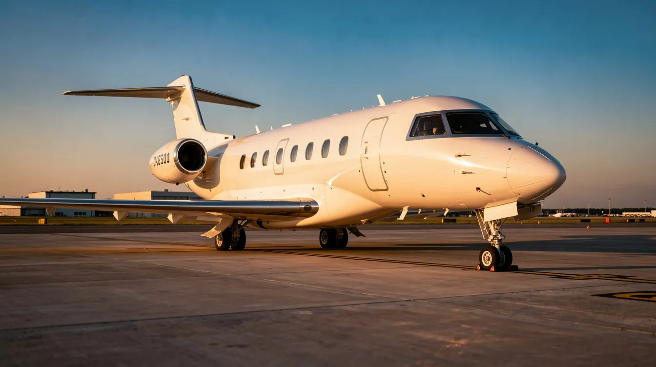 A sleek white private jet is parked on a runway during golden hour, with a clear blue sky in the background, highlighting the elegance of private aviation. This image captures the essence of private jet travel, offering a glimpse into the luxury and convenience of flying private.