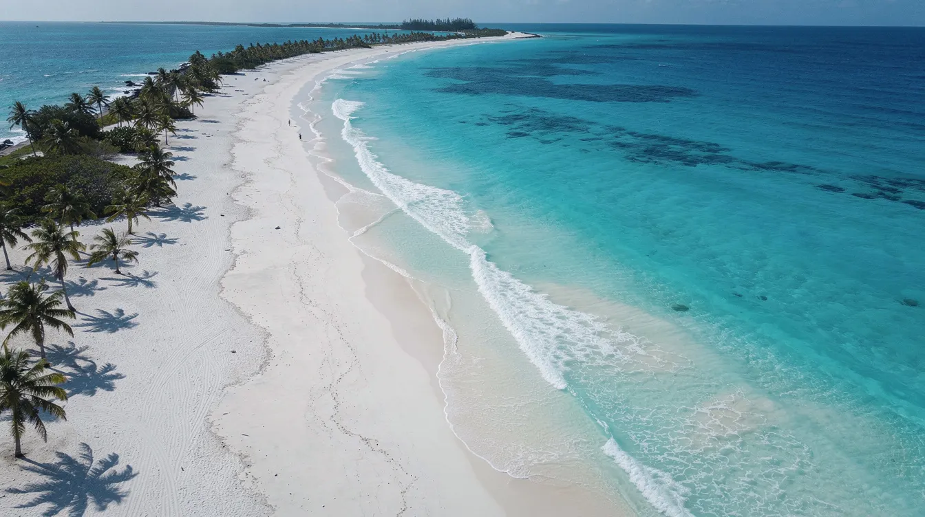 An aerial view captures a stunning turquoise Caribbean coastline, featuring a pristine white sand beach that gently curves along the shoreline. This picturesque scene evokes a sense of tropical paradise, perfect for mint passengers looking to book JetBlue Mint flights for a luxurious getaway.