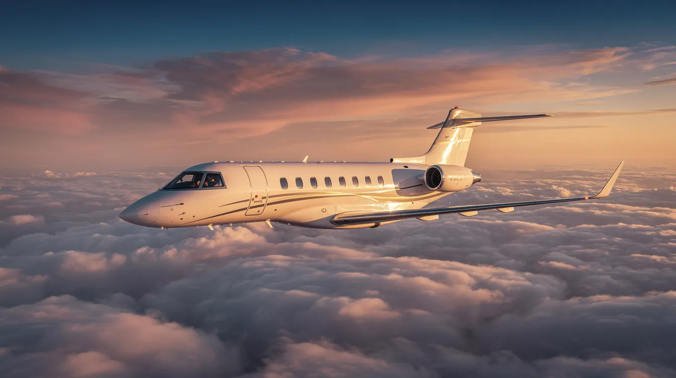 A sleek private jet soars above fluffy clouds during a stunning golden hour sunset, showcasing the luxurious experience of flying with JetBlue Mint, where passengers enjoy lie-flat seats and premium service. This picturesque scene captures the essence of high-end travel, perfect for those seeking an unforgettable journey.