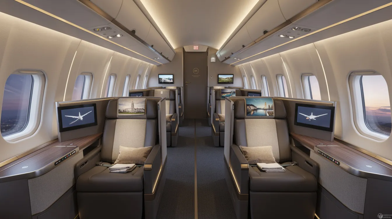 The image depicts a spacious airline business class cabin featuring luxurious lie-flat suites with ambient lighting, designed for mint passengers seeking comfort during their flights. Each mint seat offers direct aisle access and personal space, enhancing the overall mint experience for travelers on routes such as San Francisco to New York.