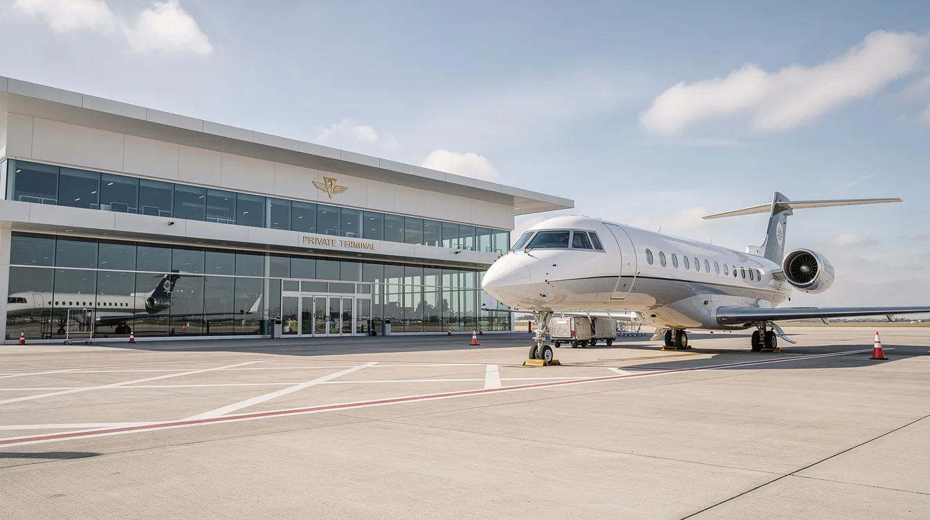 The image depicts the exterior of a modern private aviation terminal, showcasing a sleek business jet parked on the tarmac, ready for departure. This luxurious setting evokes the experience of premium travel, reminiscent of jetblue mint flights and the comfort of business class.