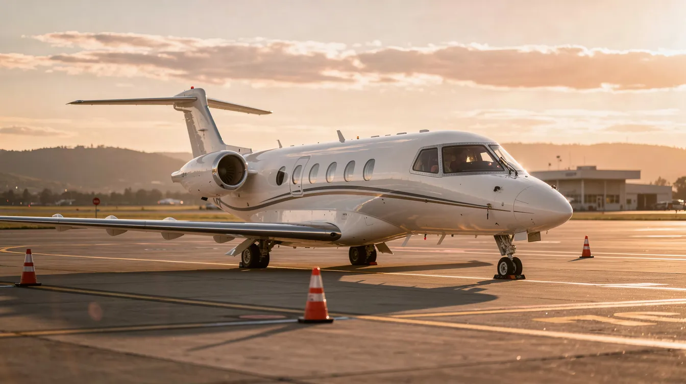 A small private jet is parked on the tarmac of a quiet regional airport during golden hour, casting a warm glow on the aircraft's sleek design. This image captures the essence of private aviation, showcasing an affordable private jet option for those interested in private jet travel.