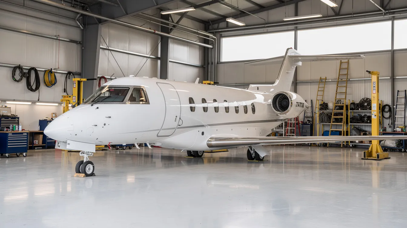 The image depicts a private jet parked inside a well-lit hangar, surrounded by maintenance equipment, highlighting the world of private aviation. This setting emphasizes the importance of maintenance for private jet owners and the operational costs associated with private jet travel.