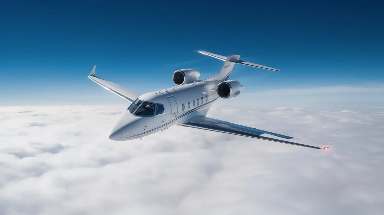 A sleek very light jet is soaring gracefully above a layer of fluffy white clouds, set against a vibrant blue sky. This image captures the essence of private aviation, showcasing the elegance and freedom associated with flying in affordable private jets.