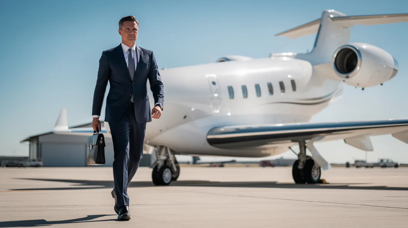 A business executive confidently walks toward a sleek, modern private jet on a clear day, showcasing the luxury and convenience of private aviation. This scene highlights the appeal of private jet charter services for business travelers seeking personalized travel experiences.