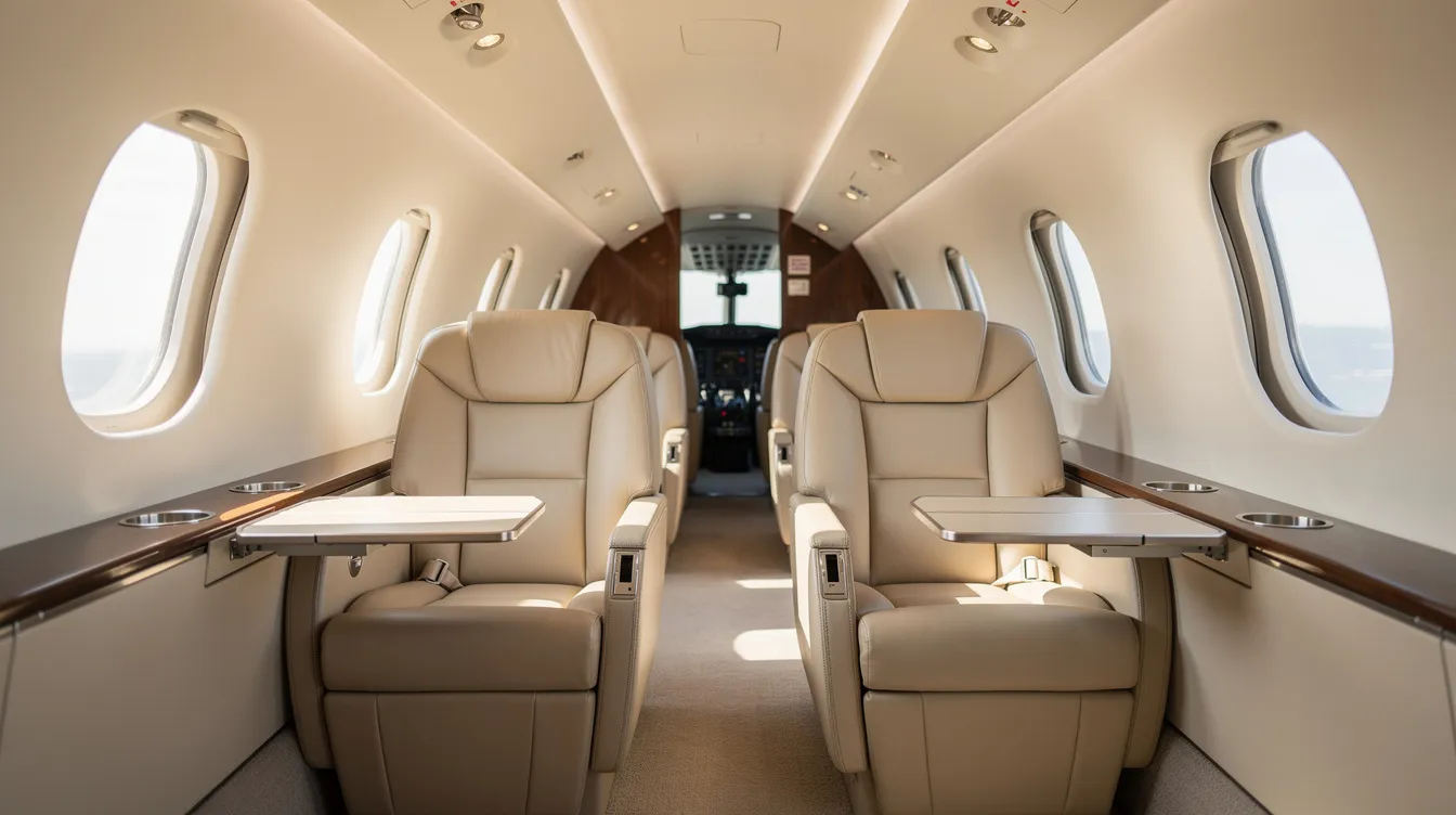 The image depicts the interior of a well-maintained light jet cabin featuring luxurious leather seats and ample natural lighting, ideal for business travelers seeking comfort and style. This space exemplifies the elegance of private aviation, highlighting the appeal of very light jets in the private jet market.