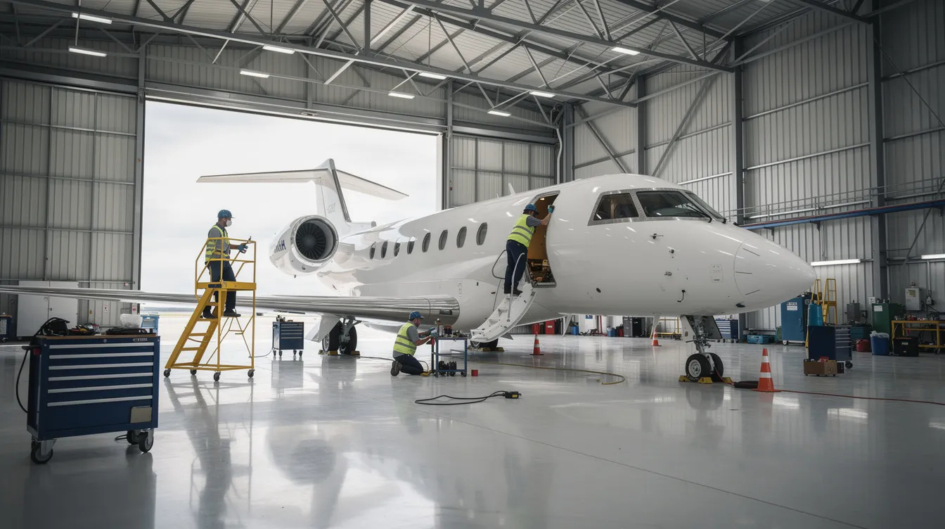 A private jet is undergoing maintenance service inside a spacious aircraft hangar, showcasing the attention to detail required for keeping private jets in optimal condition. The scene highlights the importance of maintenance in the private aviation sector, ensuring that aircraft like this one remain safe and reliable for business travelers and charter services.
