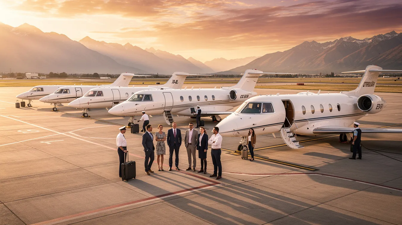 A line of luxurious private jets, including models from Bombardier and Gulfstream, are parked on the tarmac, with the owner and staff present, ensuring a smooth operation for private aviation. The background showcases a stunning view, emphasizing the exclusivity and comfort of business travel.