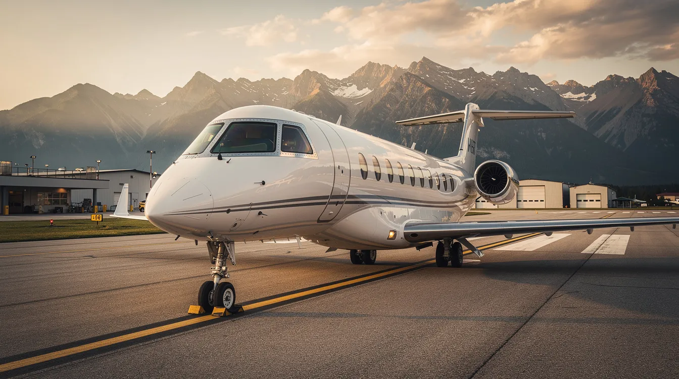 A sleek private jet is parked on the tarmac of a small regional airport, with majestic mountains rising in the background under a clear blue sky. This scene captures the essence of air travel, showcasing the beauty of aviation and the tranquility of ground-level operations.