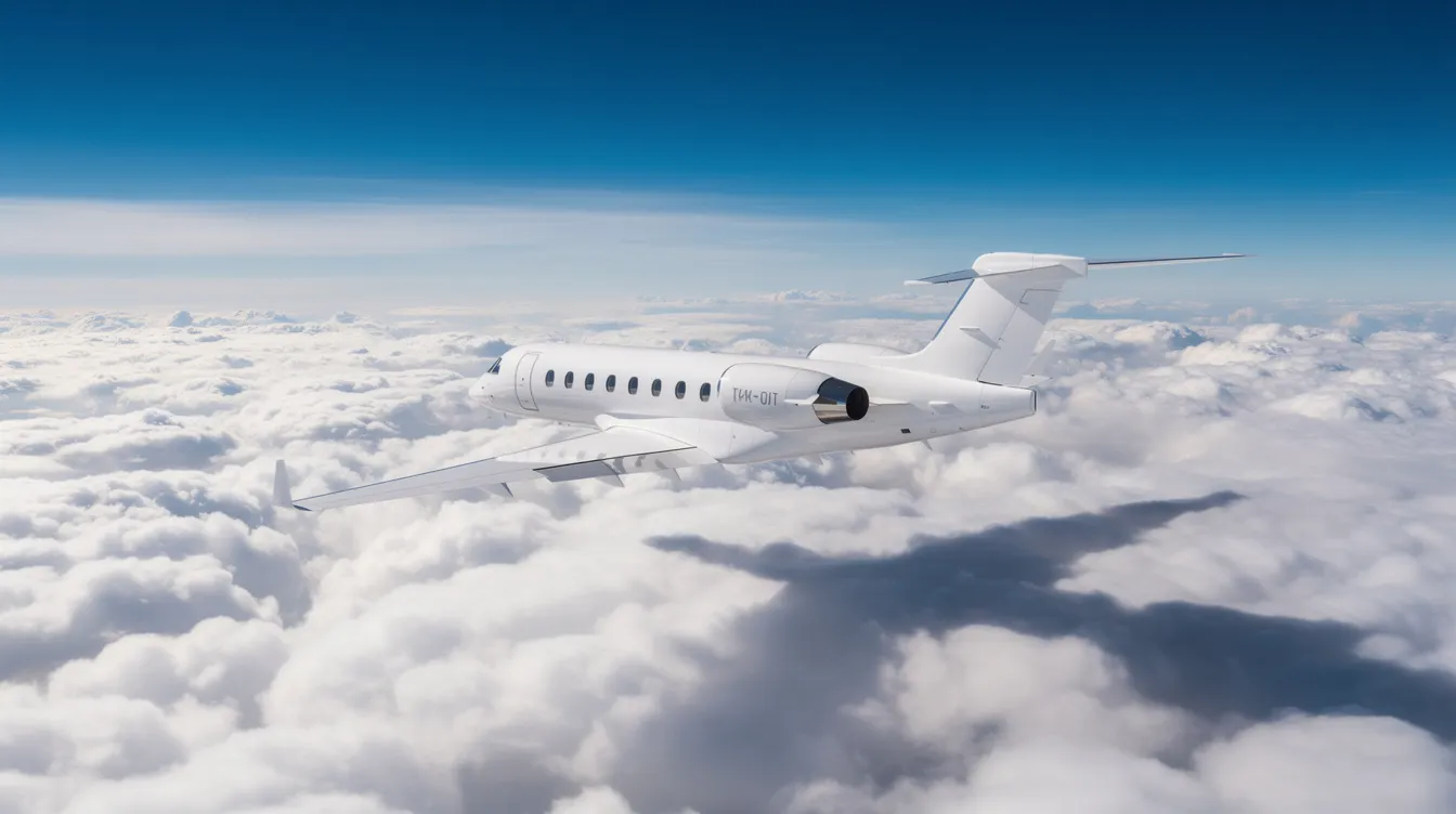 A private jet is soaring above a thick layer of white clouds, with a clear blue sky visible above, showcasing the beauty of high altitude air travel. The scene captures the essence of aviation as the jet glides effortlessly, avoiding turbulence and enjoying the serene atmosphere.