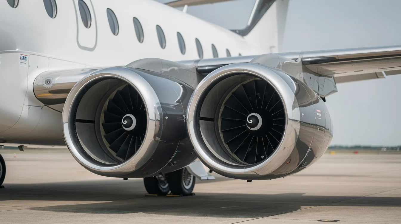 A close-up view of modern jet engines mounted on the wing of a large private aircraft, showcasing the advanced technology and sleek design typical of private jets. This image highlights the powerful engines that enable efficient travel for private aviation, including options for long-haul and international flights.