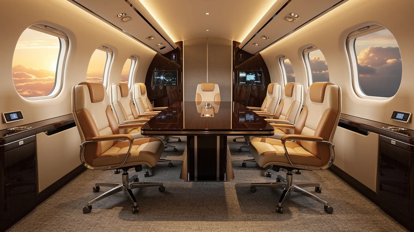 The image depicts the interior of a luxurious private jet cabin featuring leather conference seating arranged around a large conference table, complemented by ambient lighting that enhances the sophisticated atmosphere. This spacious cabin is designed for private jet travel, offering an ideal setting for in-flight meetings or relaxation during long-haul flights.