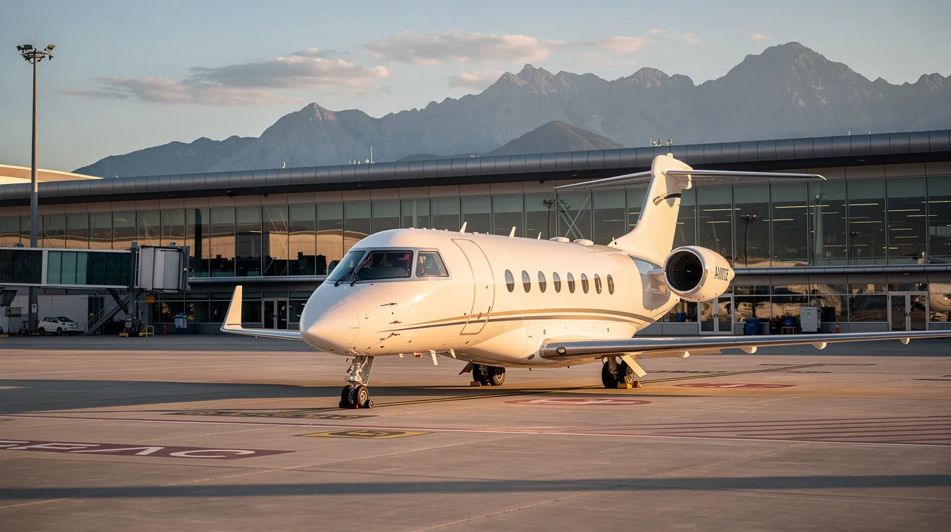 A private jet is parked on a sunlit tarmac at a modern airport terminal, with majestic mountains in the background, highlighting the allure of air travel for both domestic and international flights. The scene captures the elegance of private aviation amidst the bustling environment of airline operations and the various taxes and fees associated with air transport.