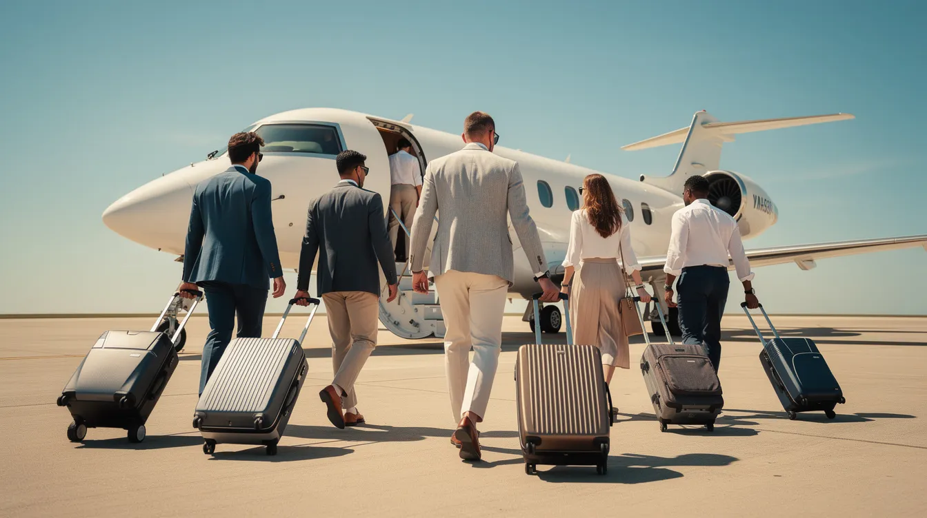 A group of well-dressed travelers walks toward a private jet on a sunny tarmac, each pulling rolling luggage under a clear blue sky. The image captures the essence of private jet travel, highlighting the elegance and convenience of flying on a charter flight.