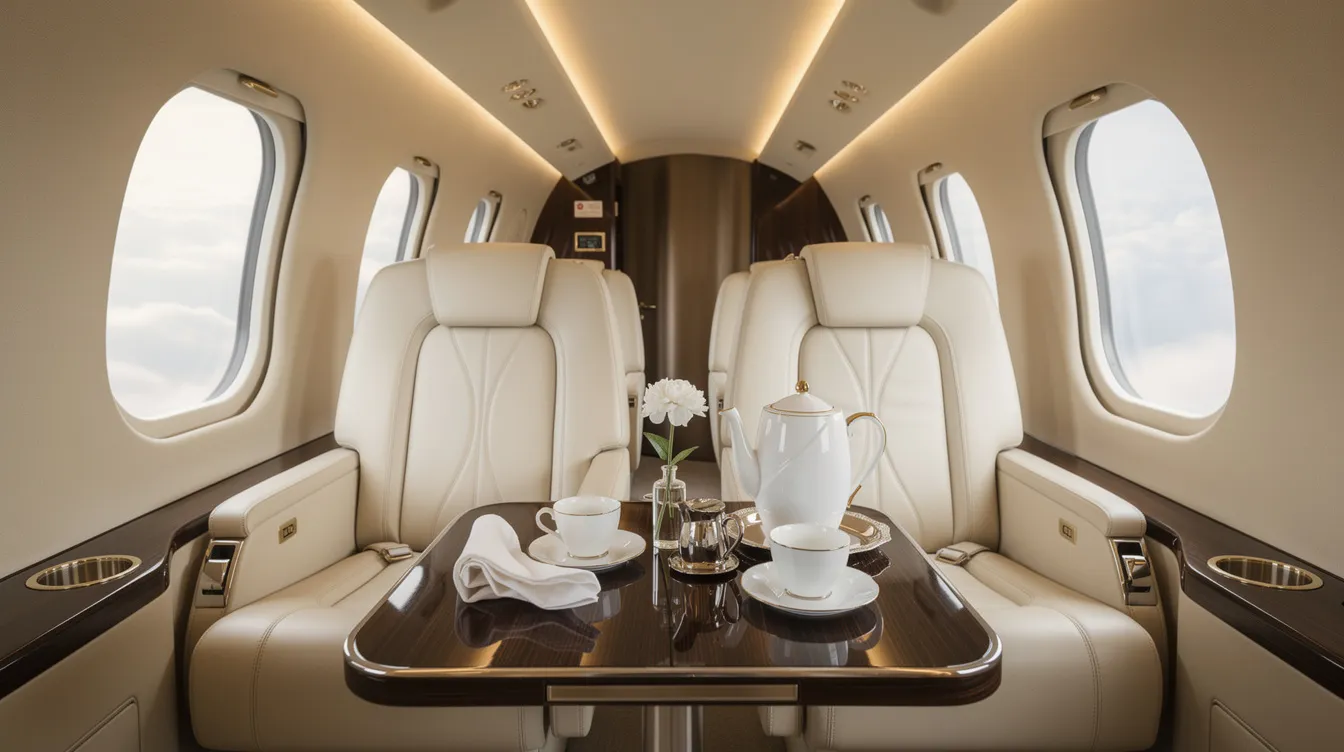 The image depicts a luxurious private jet cabin featuring cream leather seats and soft ambient lighting, with a neatly arranged coffee service on a polished wood table, showcasing the elegance of private jet travel. This inviting interior highlights the comfort and sophistication associated with private jet charters.