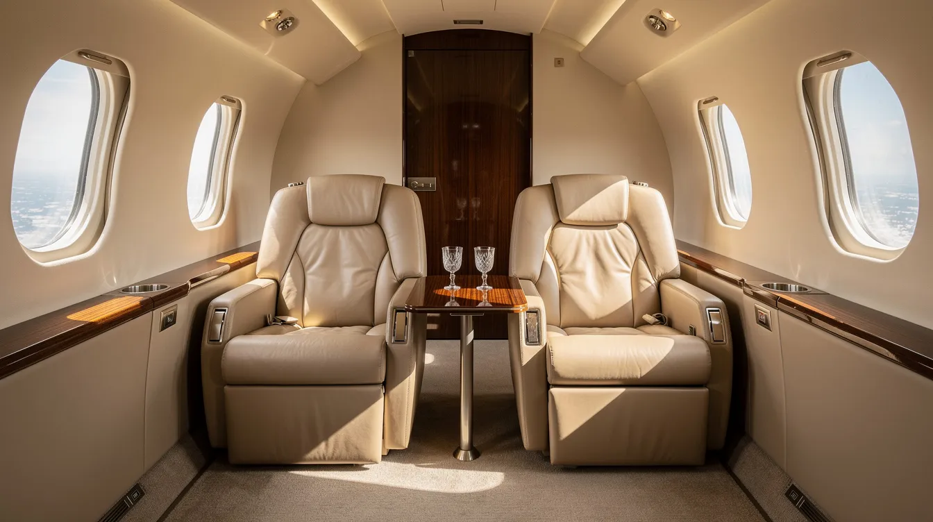 The interior of a midsize private jet features elegant beige leather club seats with a small table in between, illuminated by natural light streaming through oval windows, creating a luxurious atmosphere for private flights. This comfortable setting is ideal for travelers seeking a premium private jet experience.