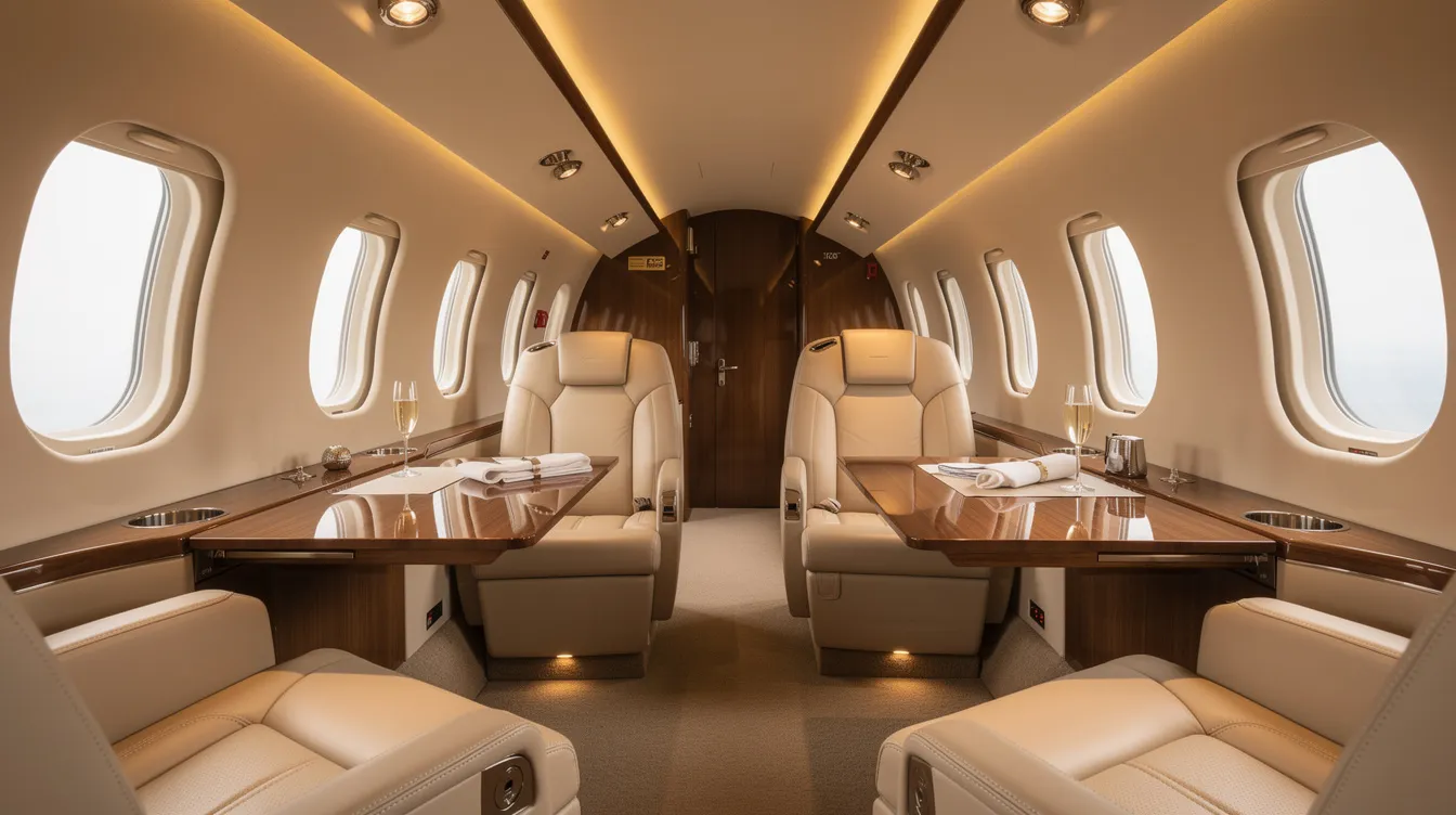 The image depicts the luxurious interior of a private jet cabin featuring cream leather seats arranged for comfort, complemented by warm ambient lighting. This elegant space is designed for travelers seeking a premium flying experience, ideal for accessing various destinations around the world.