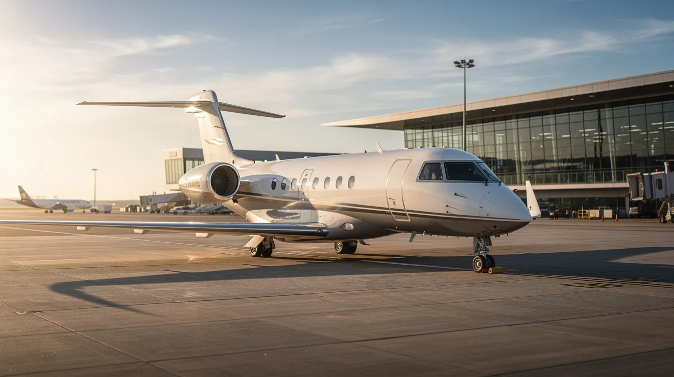 A sleek private jet is parked on a sunlit tarmac next to a modern terminal, showcasing the luxurious side of private aviation. This scene reflects the highly personalized service and local team approach of an aircraft management company like Jet Linx, emphasizing comfort and flexibility for passengers.