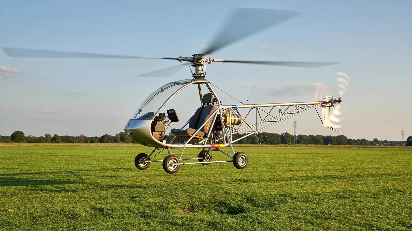 A single-seat ultralight helicopter, resembling a mosquito, hovers gracefully above a lush grassy field on a clear day, showcasing its turbine engines and composite features. This aircraft is ready to fly, appealing to hobbyists and enthusiasts in the aviation community.