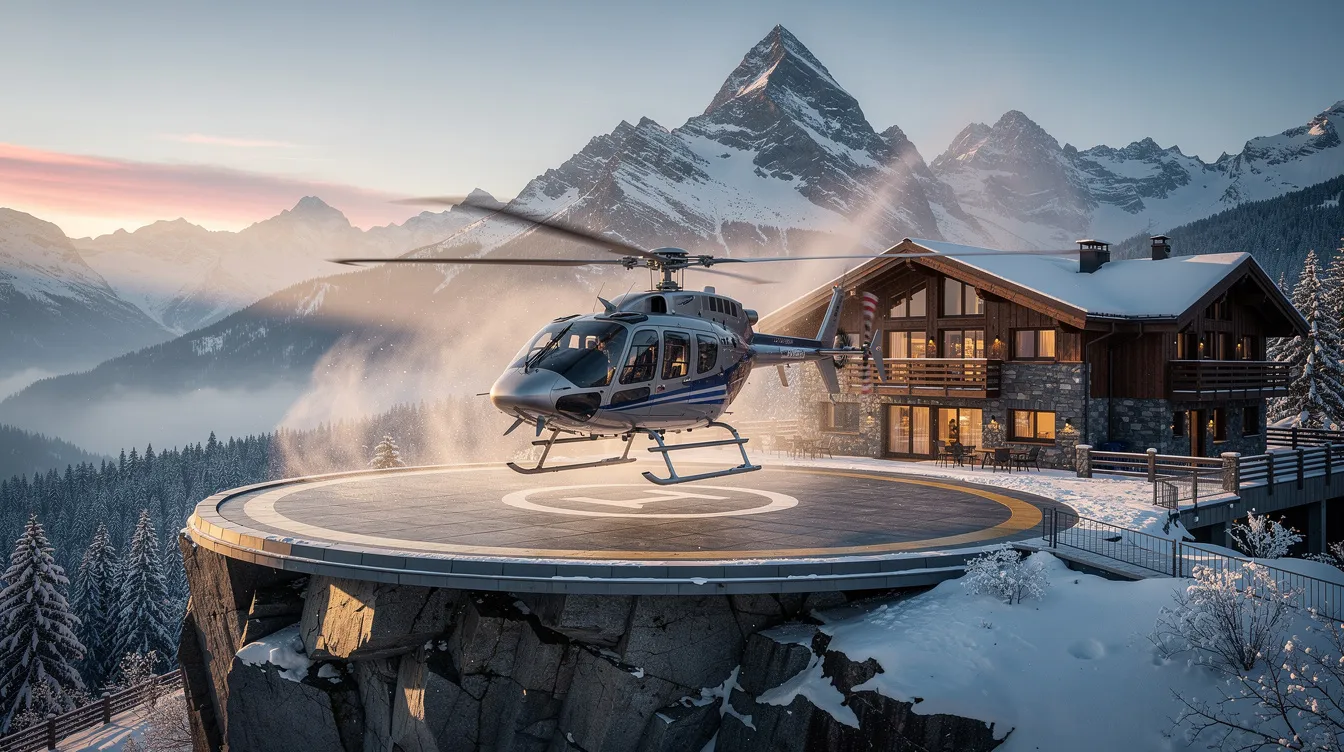 A helicopter with turbine engines is landing on a helipad at a mountain lodge, surrounded by stunning snow-capped peaks, showcasing the aircraft's sleek design and ready-to-fly features. This picturesque scene highlights the thrill of flight and the beauty of nature, inviting hobbyists and enthusiasts to appreciate the operation of such ultralight aircraft.