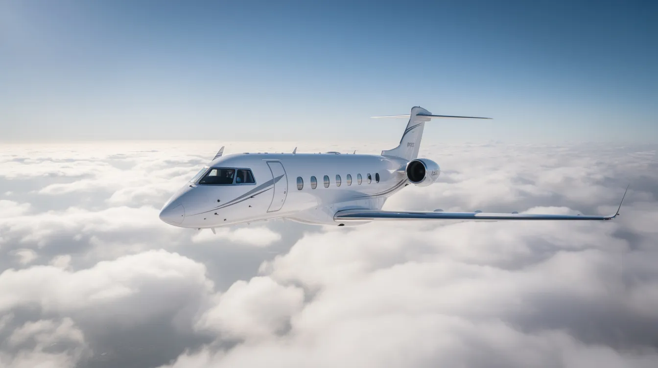 A private jet soars gracefully above a soft layer of clouds, set against a vibrant blue sky. This luxurious aircraft exemplifies the ideal choice for those considering aircraft ownership or fractional ownership for business travel.