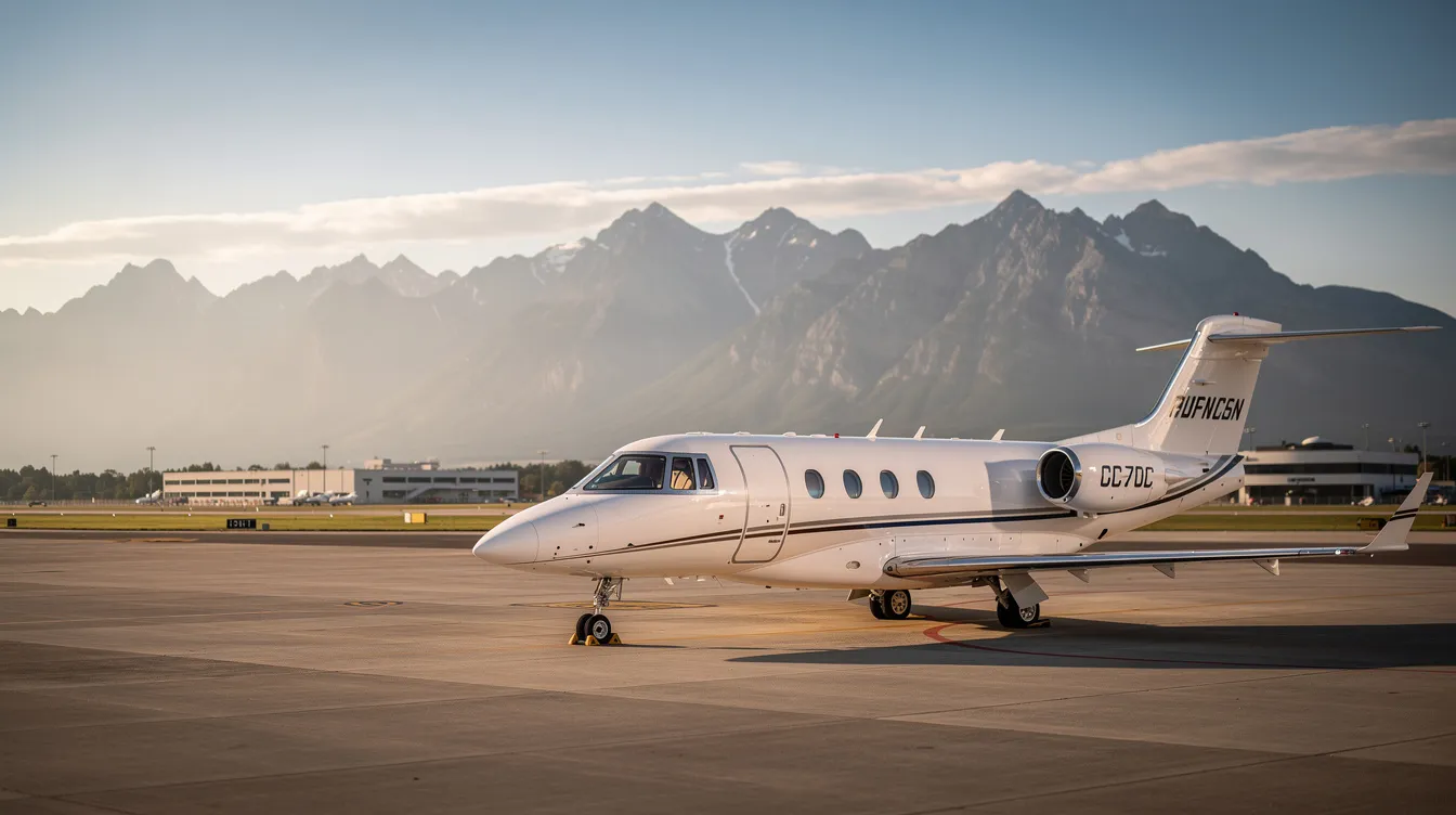 A small private jet, ideal for business travel, is parked on a sunlit tarmac at a regional airport, with majestic mountains in the background. This very light jet offers comfort and flexibility for up to four passengers, making it a perfect choice for those considering aircraft ownership or fractional ownership options.
