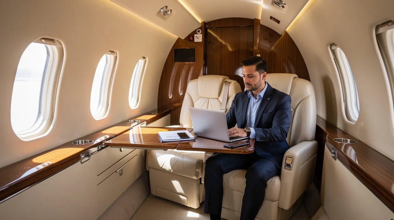 The image depicts the luxurious interior of a private jet featuring cream leather seats, where a business traveler is focused on working on a laptop. This setting highlights the comfort and exclusivity of air travel, contrasting with the average ticket prices of domestic flights on major airlines.