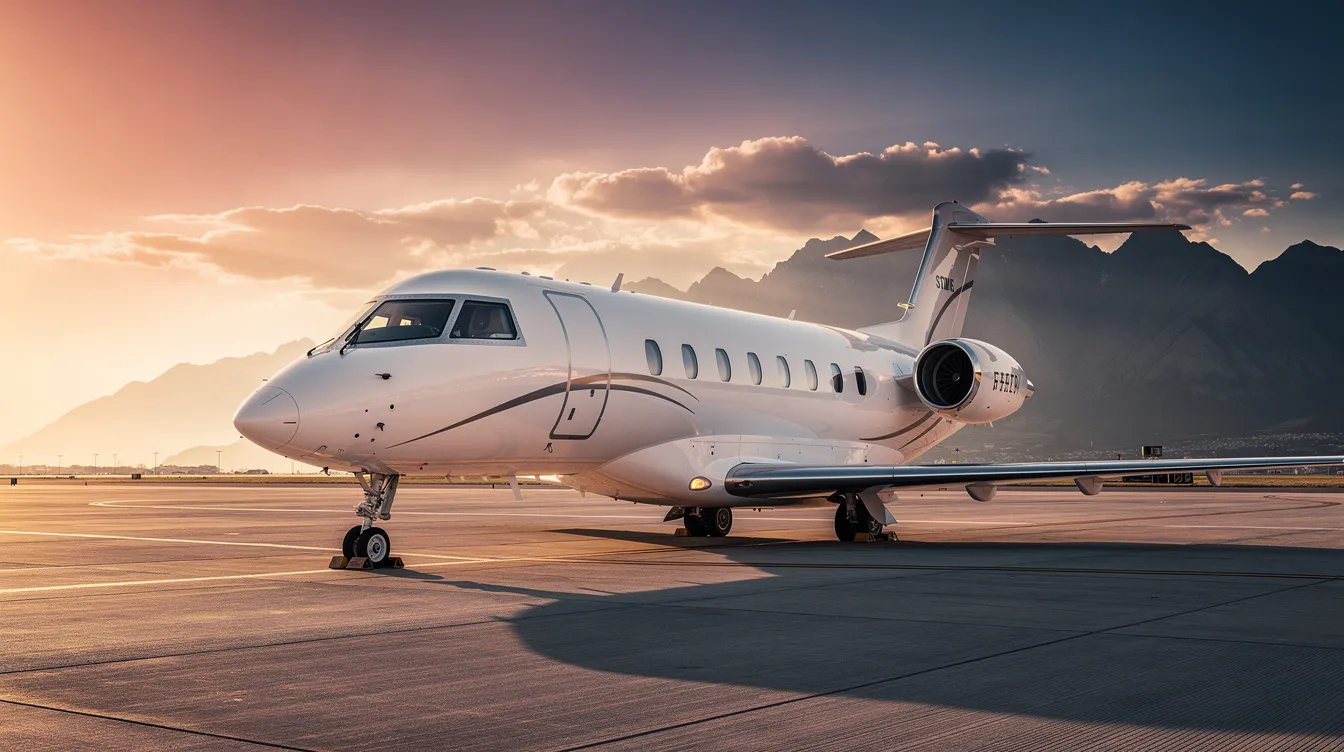 A sleek private jet is parked on a tarmac at sunset, with majestic mountains in the background, symbolizing luxury air travel. This image captures the essence of exclusive flights, contrasting with average ticket prices of major airlines for domestic flights.