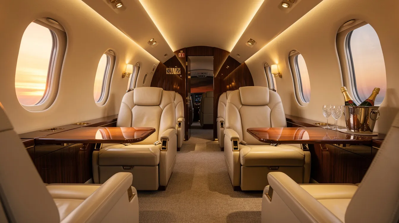 The image depicts the interior of a luxurious private jet cabin, featuring plush leather seats and warm, ambient lighting that creates an inviting atmosphere. This premium cabin service is designed for comfort, reminiscent of the high standards expected in commercial aviation, where flight attendants often provide exceptional care to passengers.