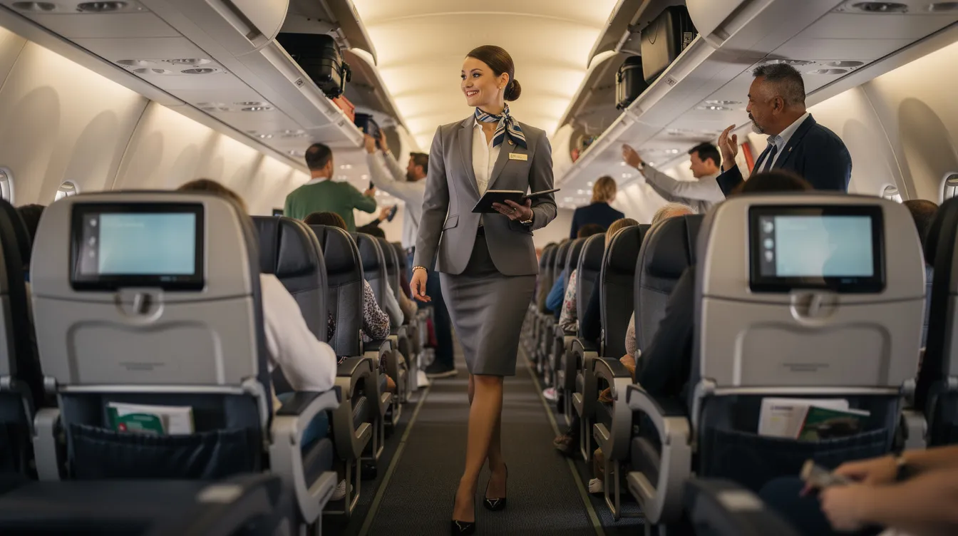A flight attendant is seen walking through the cabin of a commercial airplane during the boarding process, with passengers settling into their seats in the background. This scene captures the essential role of cabin crew in ensuring a smooth boarding experience for travelers.