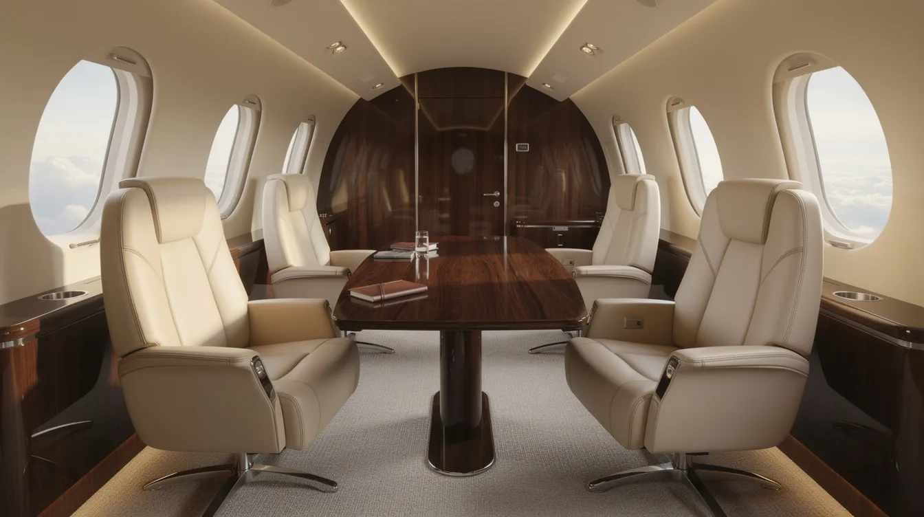The image depicts the luxurious interior of a private jet cabin, featuring cream leather seats and polished wood accents, illuminated by natural light streaming through oval windows. This elegant setting is designed for private jet travelers seeking comfort and style during their flights to major European cities like Madrid.