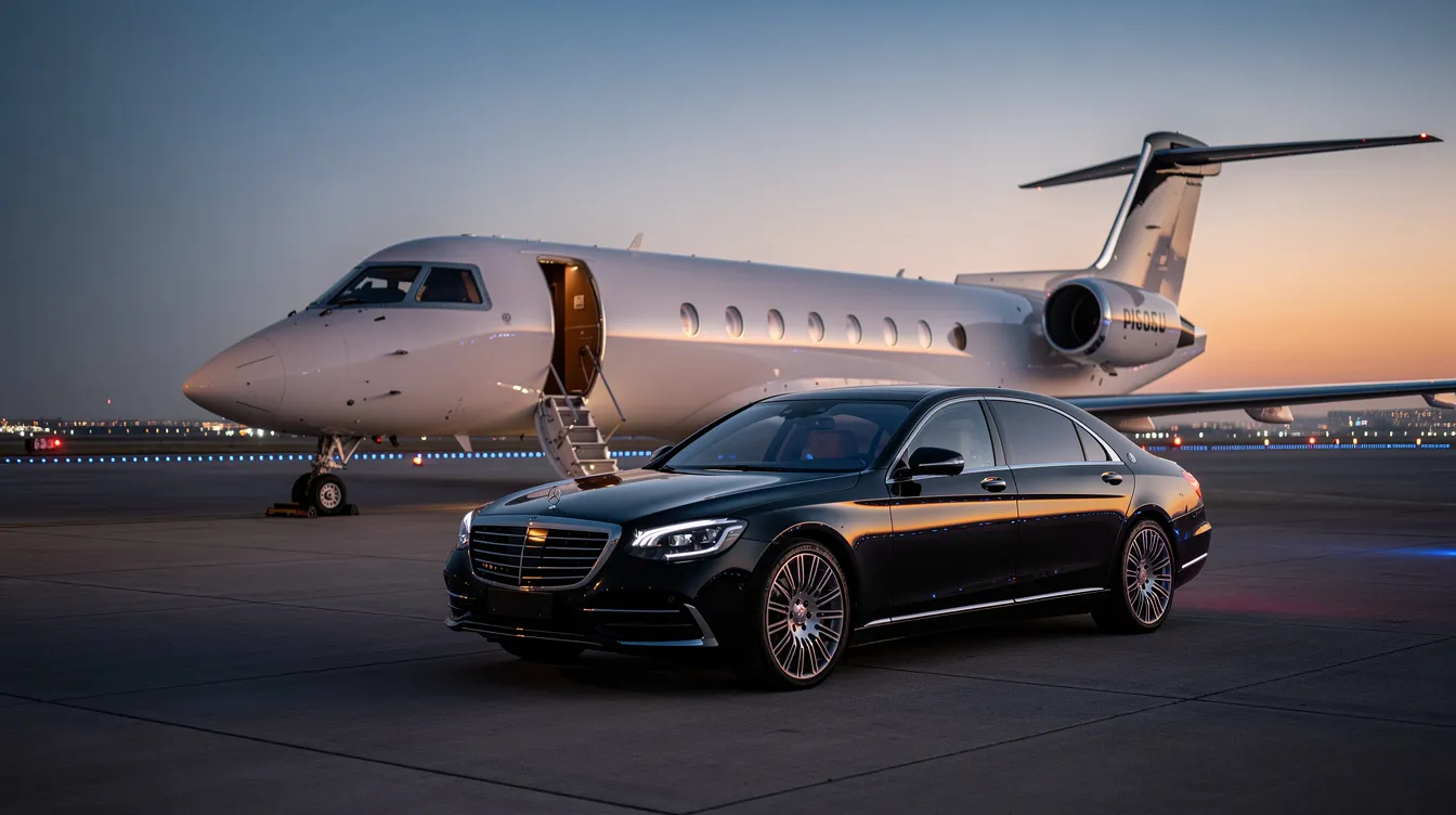 A sleek black luxury sedan is parked next to a private jet on the tarmac of Madrid Barajas Airport at dusk, highlighting the elegance of private jet travel. The scene captures the essence of business and leisure travelers arriving in Spain's capital, ready to explore its stunning architecture and world-class art museums.
