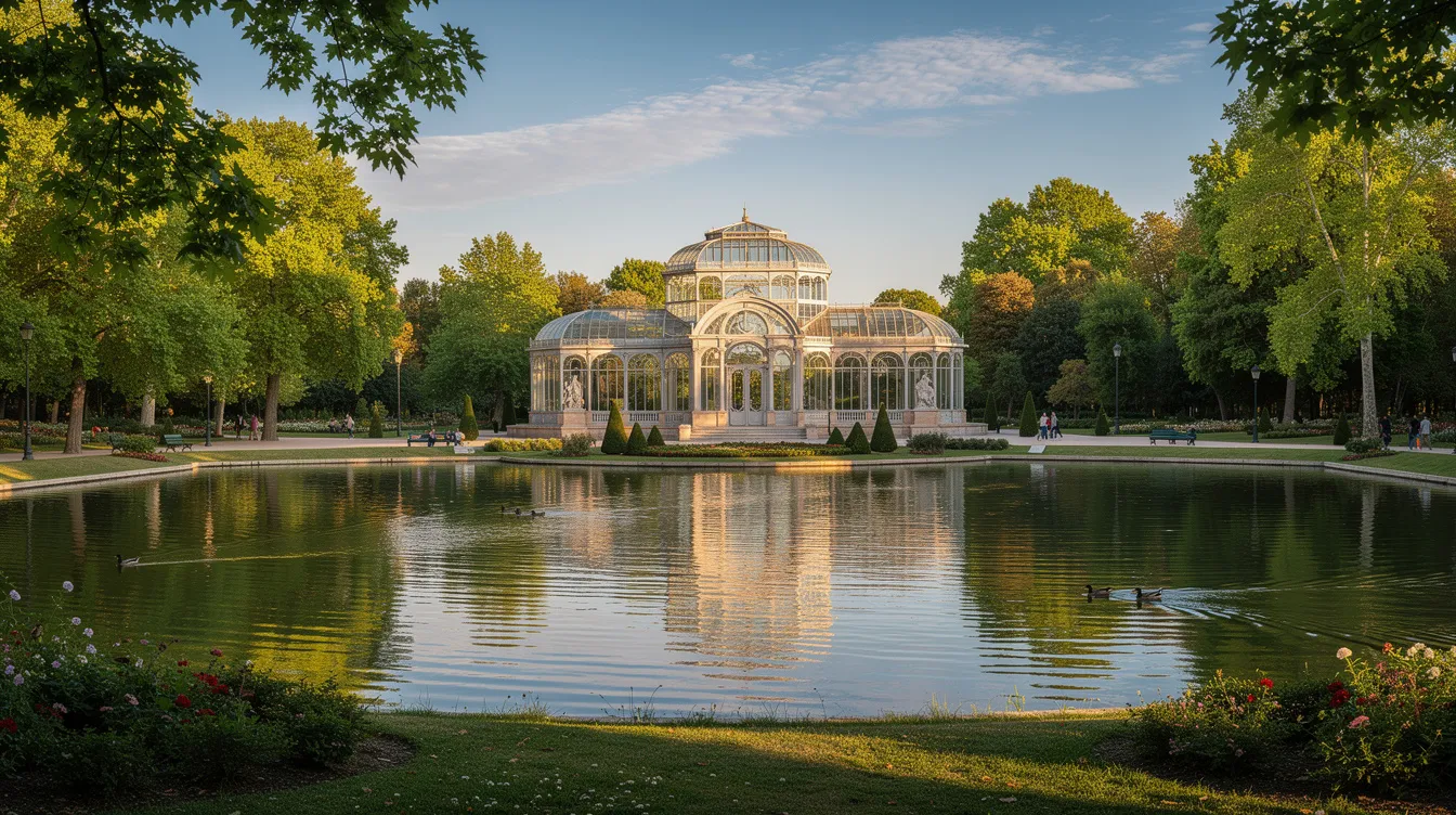 A panoramic view of Retiro Park in Madrid showcases the stunning architecture of the Crystal Palace reflecting in a serene lake, surrounded by lush greenery. This picturesque scene captures the essence of Spain's capital, perfect for private jet travelers seeking a blend of nature and culture.