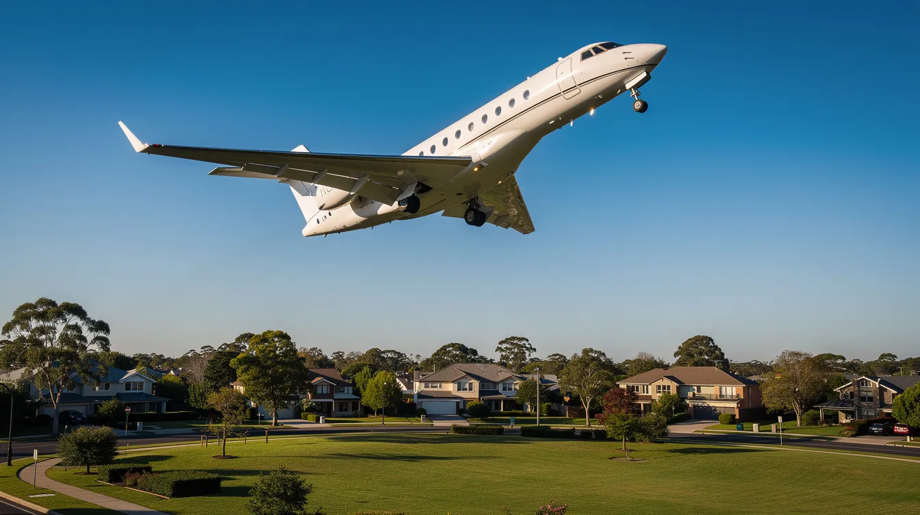 A private jet is ascending into a clear blue sky, soaring above a lush green suburban landscape, symbolizing luxury and convenience in private aviation. This image captures the essence of a private jet flight, ideal for journeys from Chicago to New York, showcasing the seamless experience of charter flights.