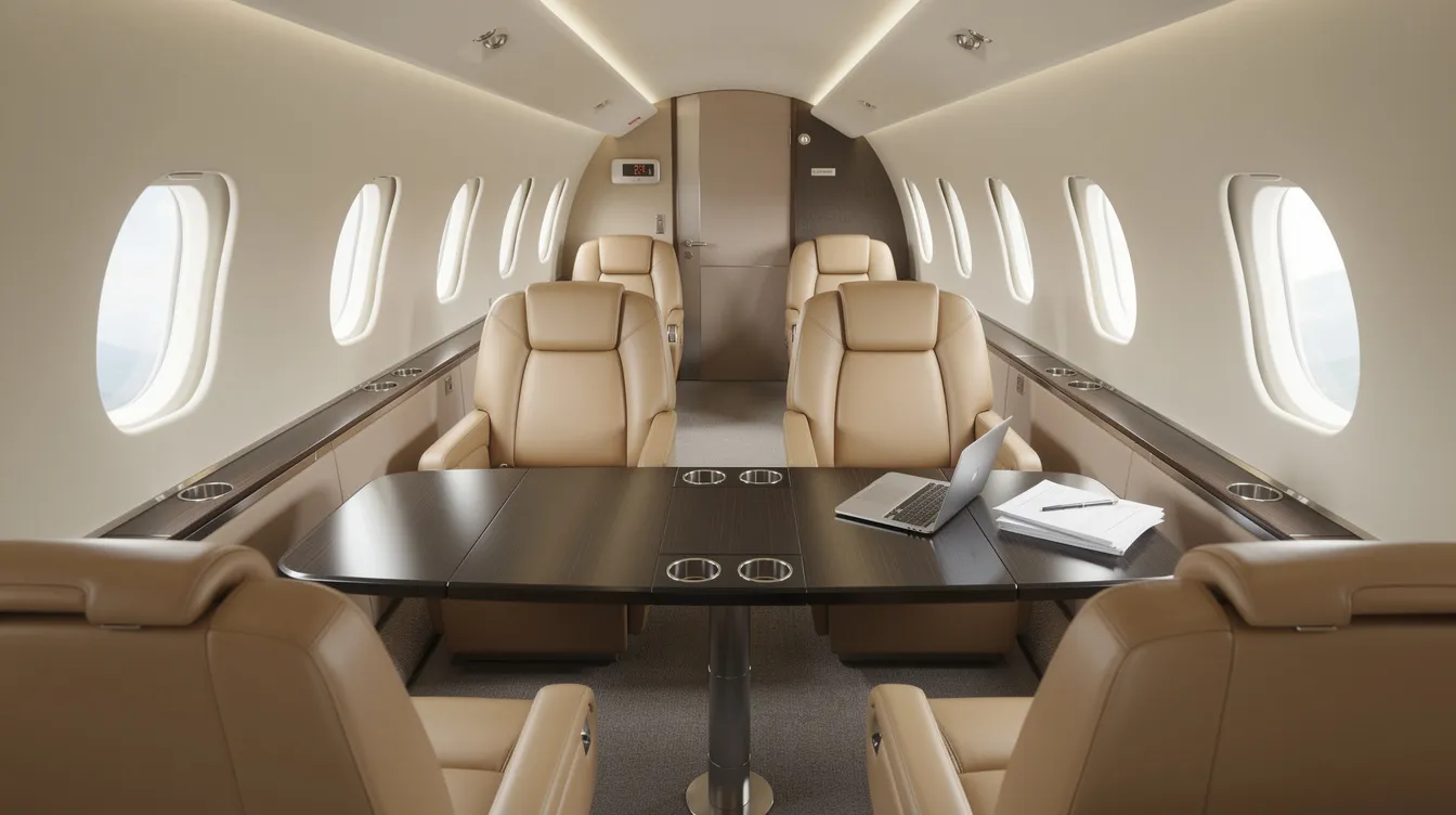 The image depicts the interior of a spacious midsize private jet cabin, featuring plush leather seats arranged around a central worktable, designed for maximum comfort and convenience during flights. This luxurious setting offers a perfect environment for passengers traveling on private jet charters, whether for business or leisure, such as a journey from Chicago to New York.