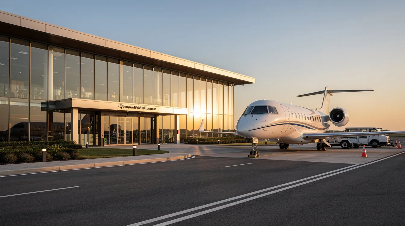 The image shows the exterior of a modern private aviation terminal, featuring a sleek business jet parked on the tarmac, highlighting the luxurious experience akin to JetBlue Mint suites. The terminal's contemporary design complements the high-end travel experience associated with private aviation.